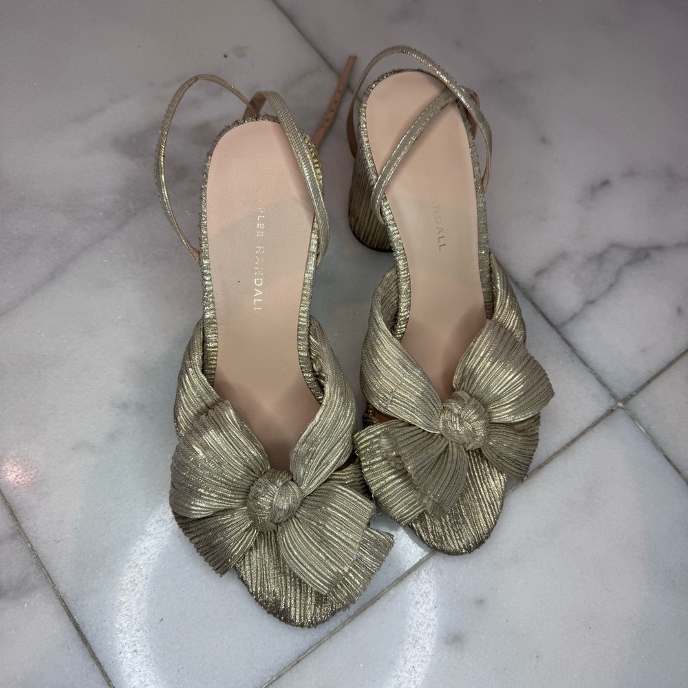 Loeffler Randall Gold Camellia Bow Heel Sandals